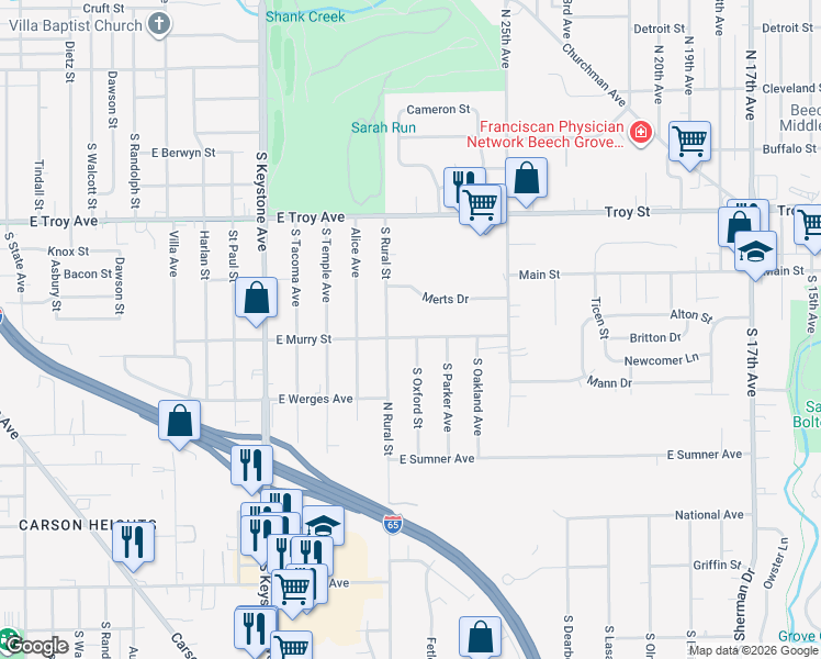 map of restaurants, bars, coffee shops, grocery stores, and more near 2860 East Murry Street in Indianapolis
