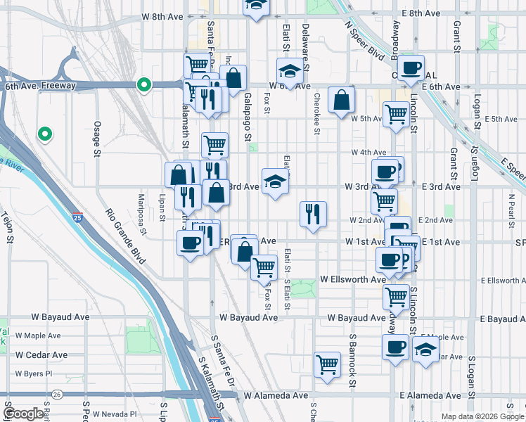 map of restaurants, bars, coffee shops, grocery stores, and more near 233 Fox Street in Denver