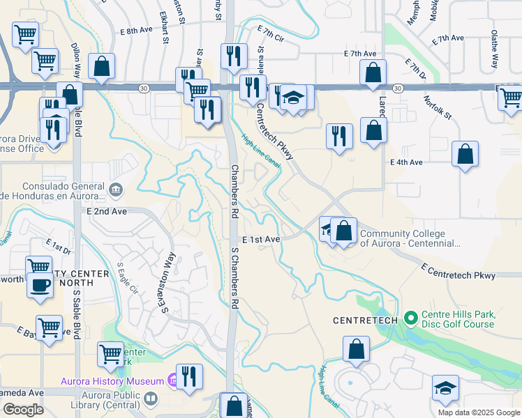 map of restaurants, bars, coffee shops, grocery stores, and more near 169 Idalia Court in Aurora