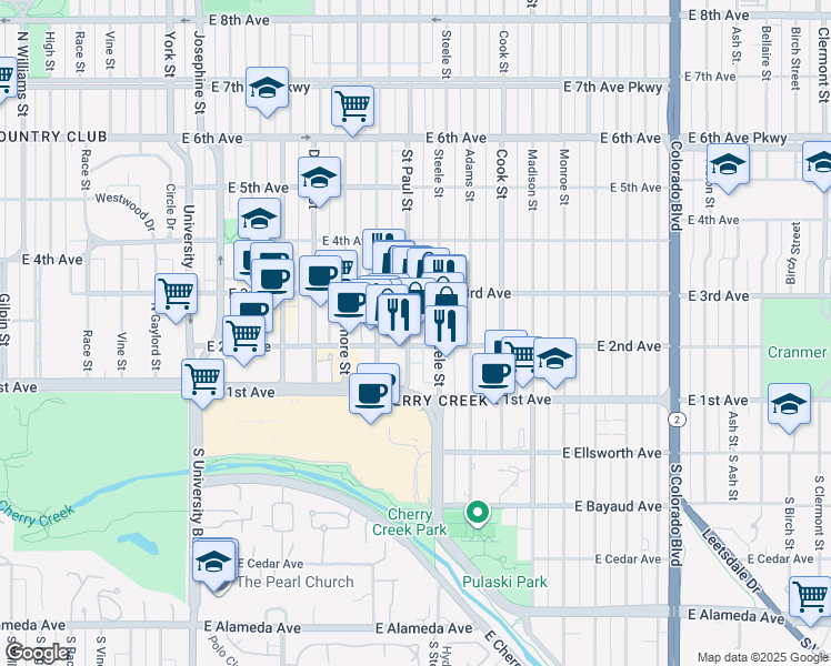 map of restaurants, bars, coffee shops, grocery stores, and more near 240 Saint Paul Street in Denver