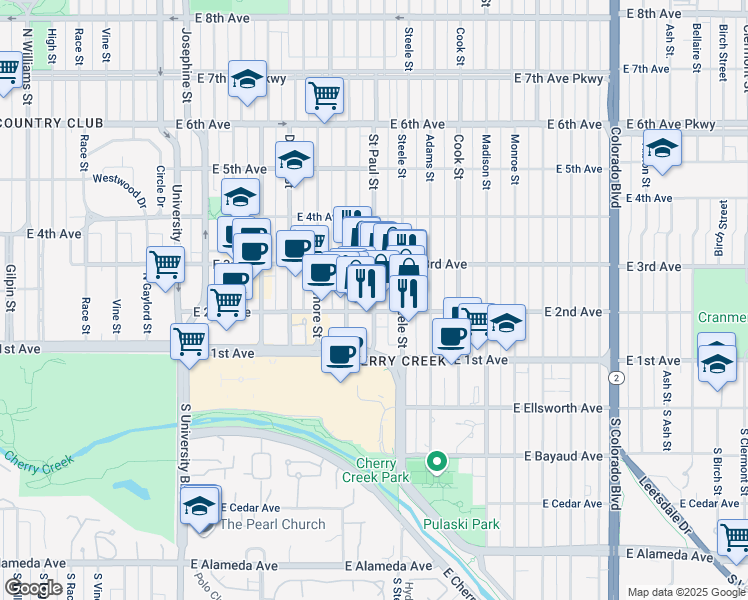 map of restaurants, bars, coffee shops, grocery stores, and more near 240 Saint Paul Street in Denver