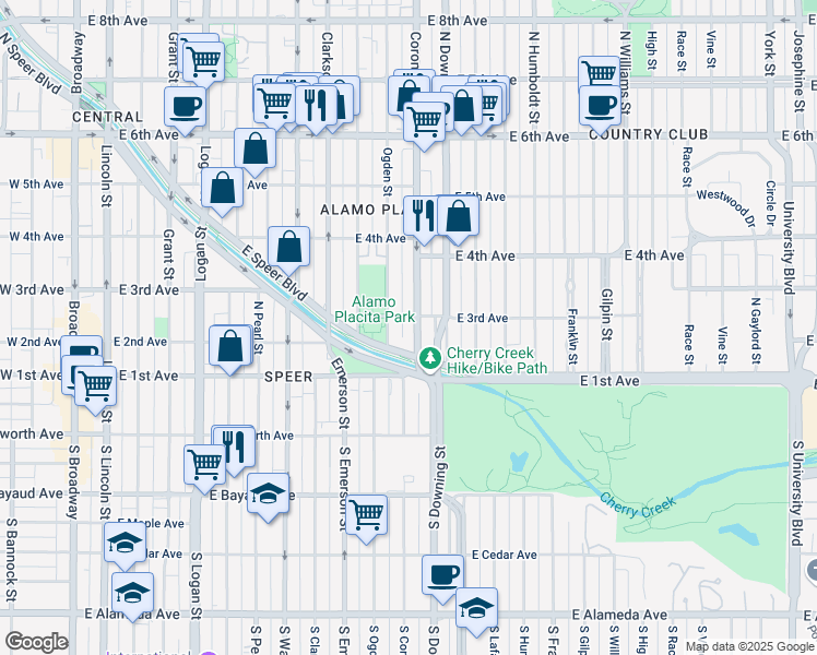 map of restaurants, bars, coffee shops, grocery stores, and more near 1090 East 3rd Avenue in Denver