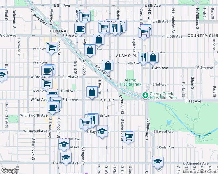 map of restaurants, bars, coffee shops, grocery stores, and more near 244 North Washington Street in Denver