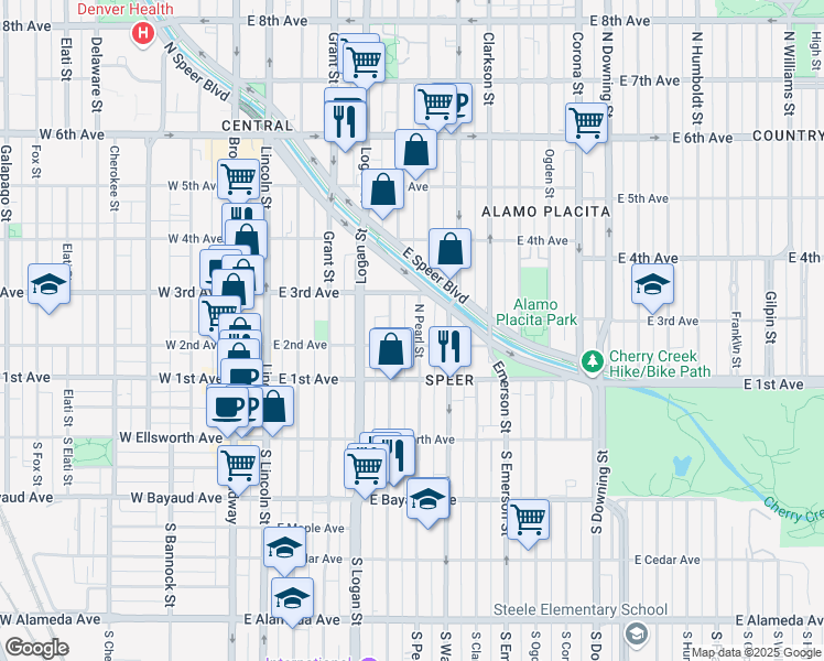 map of restaurants, bars, coffee shops, grocery stores, and more near 239 Pearl Street in Denver