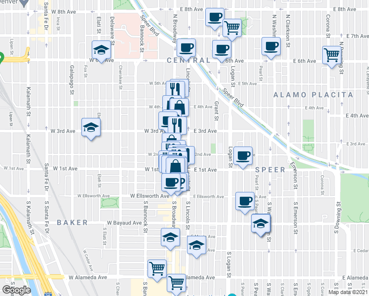 map of restaurants, bars, coffee shops, grocery stores, and more near 235 Lincoln Street in Denver