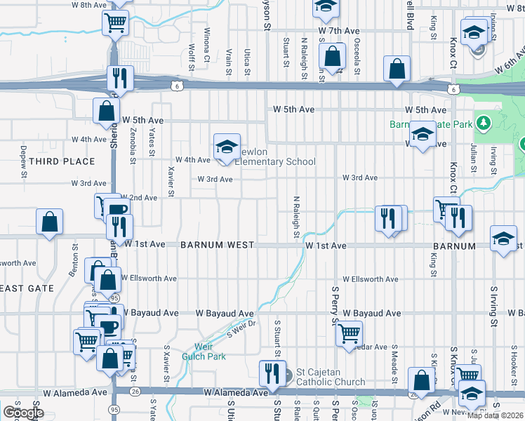map of restaurants, bars, coffee shops, grocery stores, and more near 205 Stuart Street in Denver