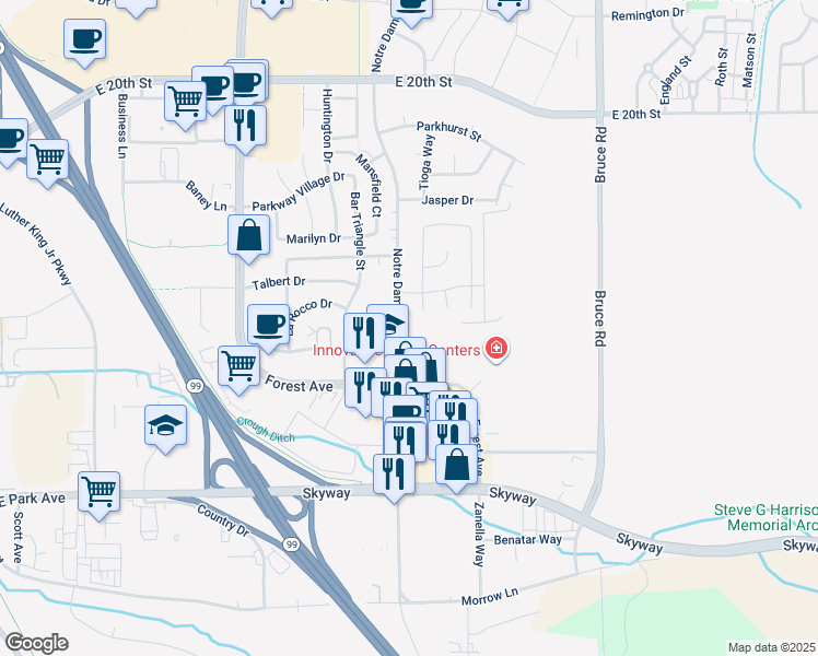 map of restaurants, bars, coffee shops, grocery stores, and more near 2370 Notre Dame Boulevard in Chico