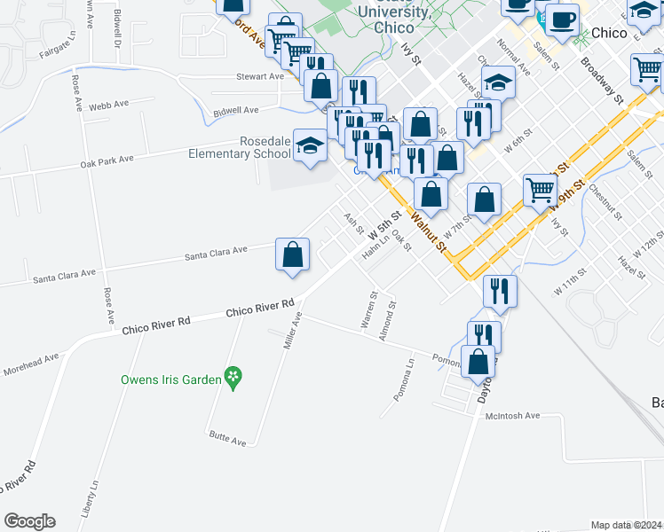 map of restaurants, bars, coffee shops, grocery stores, and more near 435 Maple Street in Chico