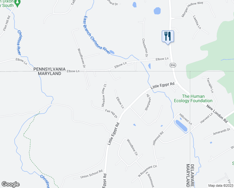 map of restaurants, bars, coffee shops, grocery stores, and more near 24 Meadow View Court in Elkton