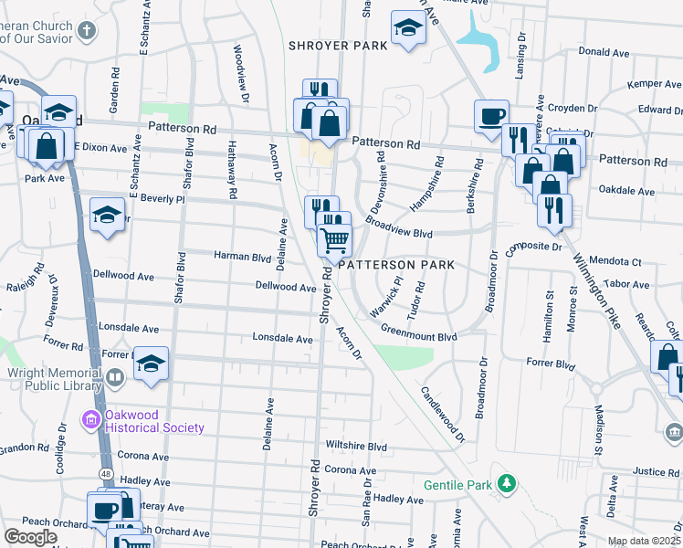 map of restaurants, bars, coffee shops, grocery stores, and more near 614 Gainsborough Road in Dayton