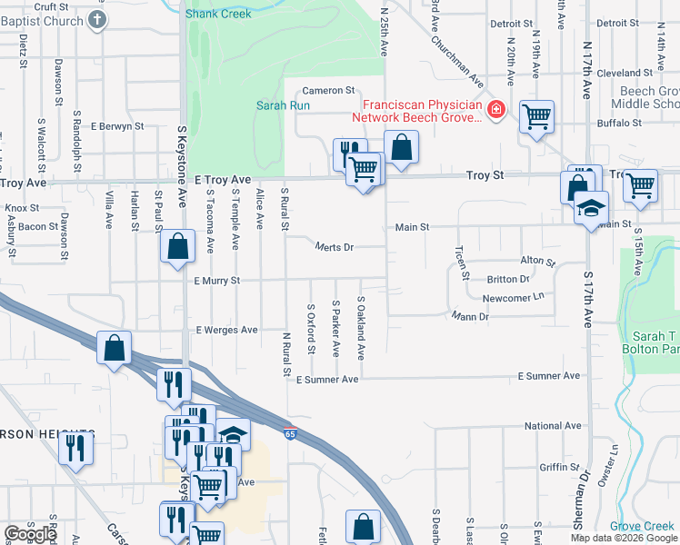 map of restaurants, bars, coffee shops, grocery stores, and more near 2910 East Murry Street in Indianapolis