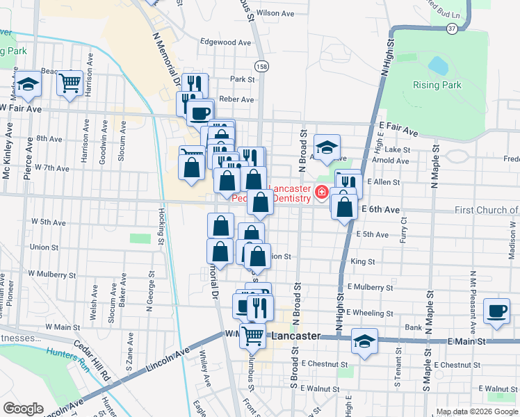 map of restaurants, bars, coffee shops, grocery stores, and more near 147 West 6th Avenue in Lancaster