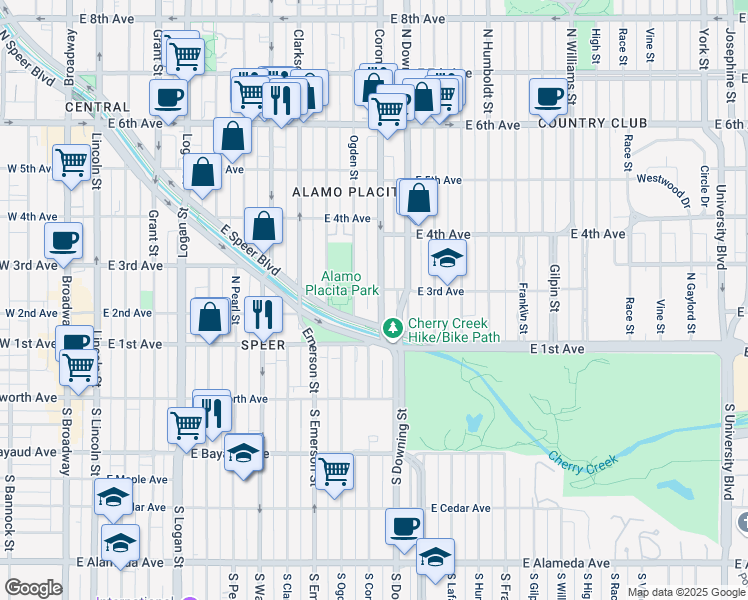 map of restaurants, bars, coffee shops, grocery stores, and more near 1090 East 3rd Avenue in Denver