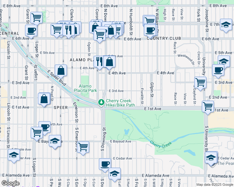 map of restaurants, bars, coffee shops, grocery stores, and more near 180 North Marion Street in Denver