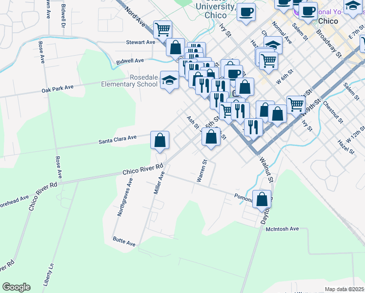 map of restaurants, bars, coffee shops, grocery stores, and more near 435 Maple Street in Chico