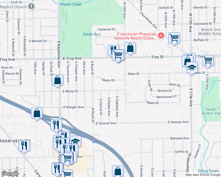 map of restaurants, bars, coffee shops, grocery stores, and more near 2910 East Murry Street in Indianapolis