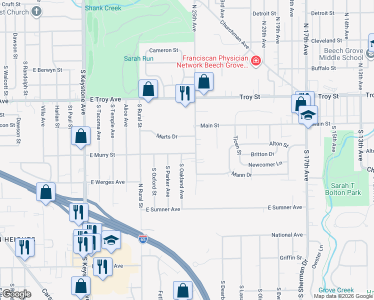 map of restaurants, bars, coffee shops, grocery stores, and more near 3110 E Murry St in Indianapolis