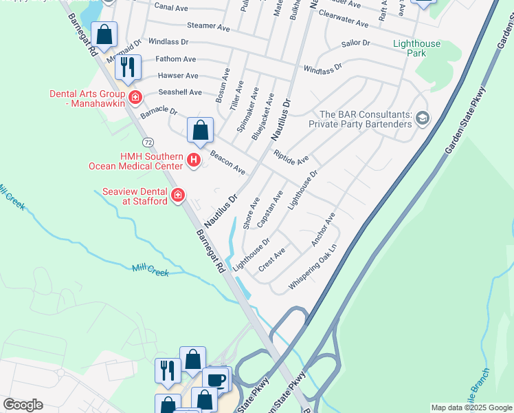 map of restaurants, bars, coffee shops, grocery stores, and more near 65 Shore Avenue in Stafford Township