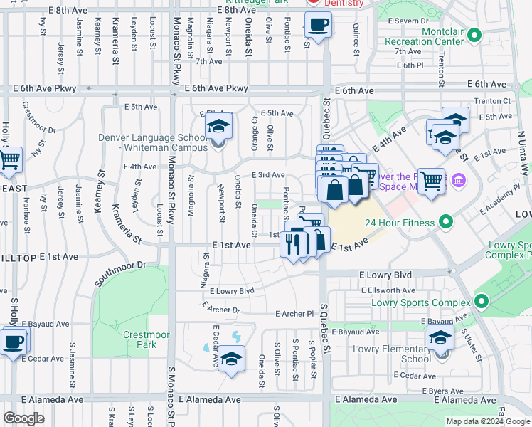 map of restaurants, bars, coffee shops, grocery stores, and more near 6984 East 2nd Avenue in Denver
