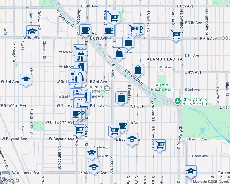 map of restaurants, bars, coffee shops, grocery stores, and more near 222 Logan Street in Denver