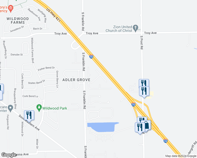 map of restaurants, bars, coffee shops, grocery stores, and more near 8533 Sweet Birch Drive in Indianapolis
