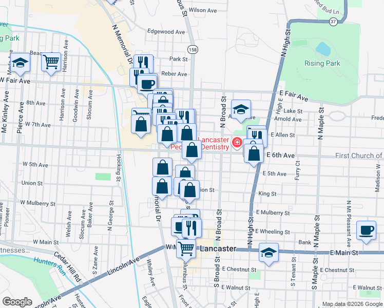 map of restaurants, bars, coffee shops, grocery stores, and more near 147 West 6th Avenue in Lancaster