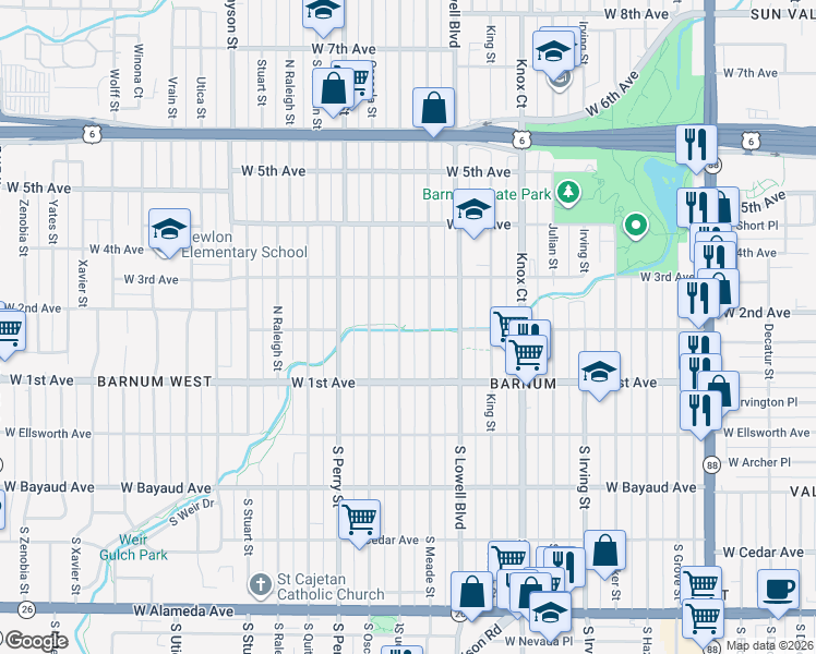 map of restaurants, bars, coffee shops, grocery stores, and more near 200 Newton Street in Denver