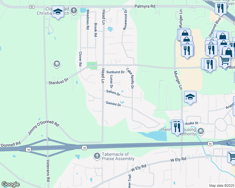 map of restaurants, bars, coffee shops, grocery stores, and more near 170 Saturn Drive in Hannibal