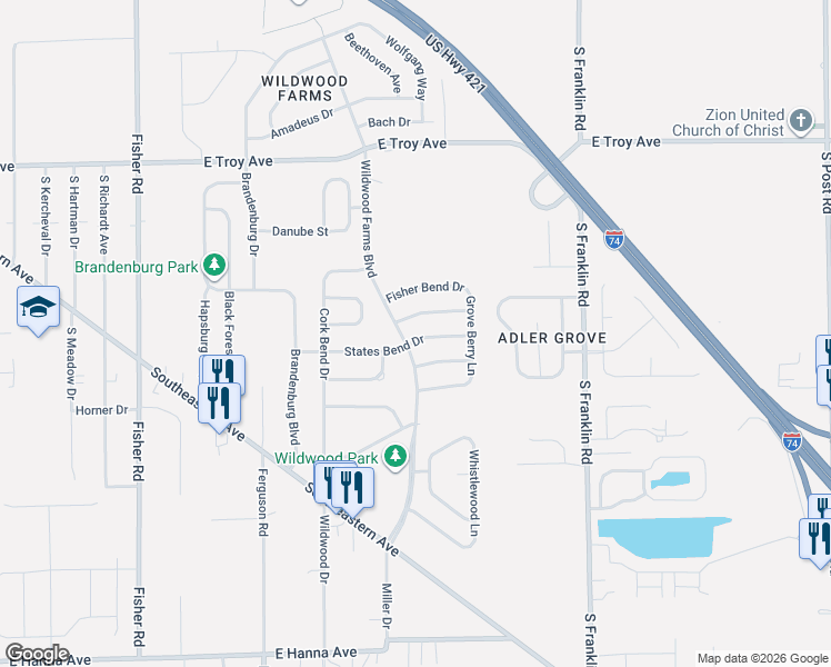 map of restaurants, bars, coffee shops, grocery stores, and more near 8036 States Bend Drive in Indianapolis