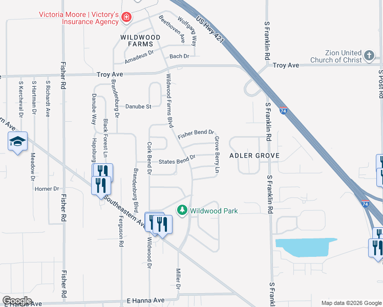 map of restaurants, bars, coffee shops, grocery stores, and more near 8036 States Bend Drive in Indianapolis