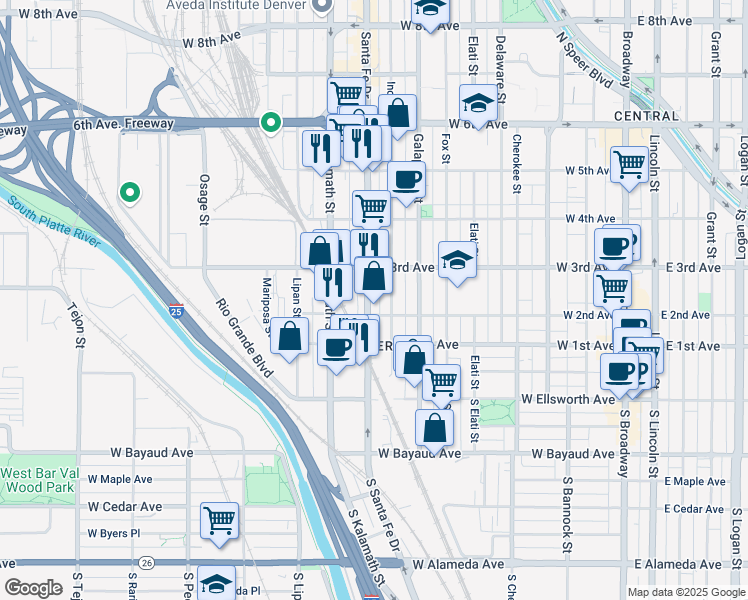 map of restaurants, bars, coffee shops, grocery stores, and more near 236 Santa Fe Drive in Denver