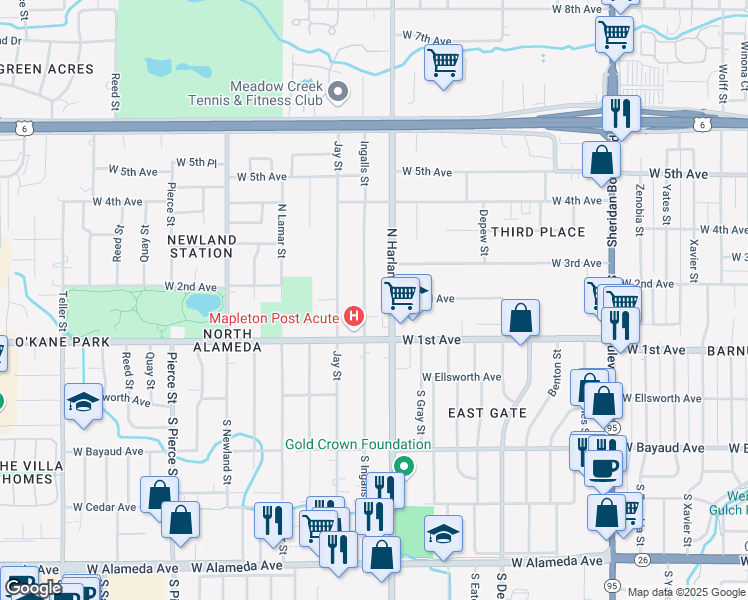 map of restaurants, bars, coffee shops, grocery stores, and more near 196 Ingalls Street in Lakewood