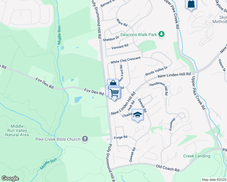map of restaurants, bars, coffee shops, grocery stores, and more near 8 Polly Drummond Shopping Center in Newark