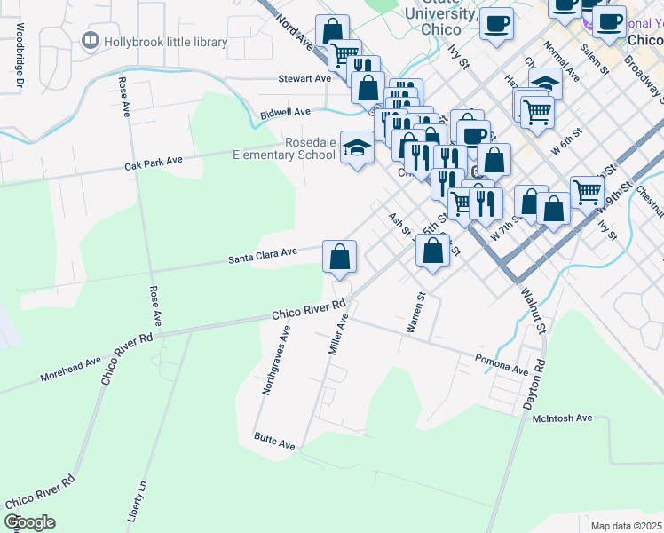 map of restaurants, bars, coffee shops, grocery stores, and more near 1505 West 3rd Street in Chico