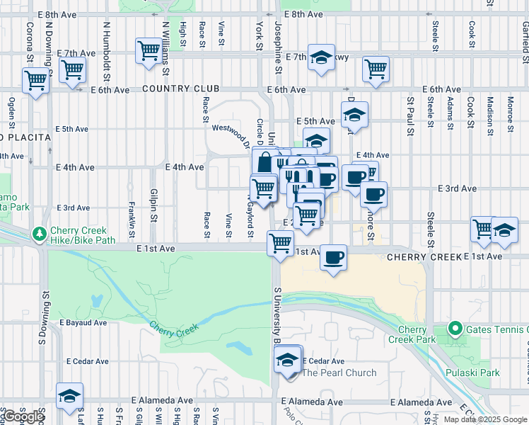 map of restaurants, bars, coffee shops, grocery stores, and more near 212 University Boulevard in Denver