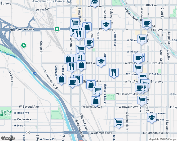 map of restaurants, bars, coffee shops, grocery stores, and more near 228 Inca Street in Denver