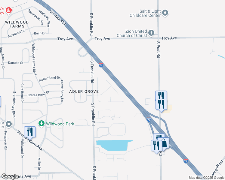 map of restaurants, bars, coffee shops, grocery stores, and more near 3326 Blue Ash Lane in Indianapolis