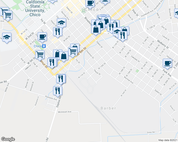 map of restaurants, bars, coffee shops, grocery stores, and more near 1109 Ivy Street in Chico