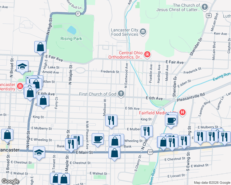 map of restaurants, bars, coffee shops, grocery stores, and more near 612 Madison East in Lancaster