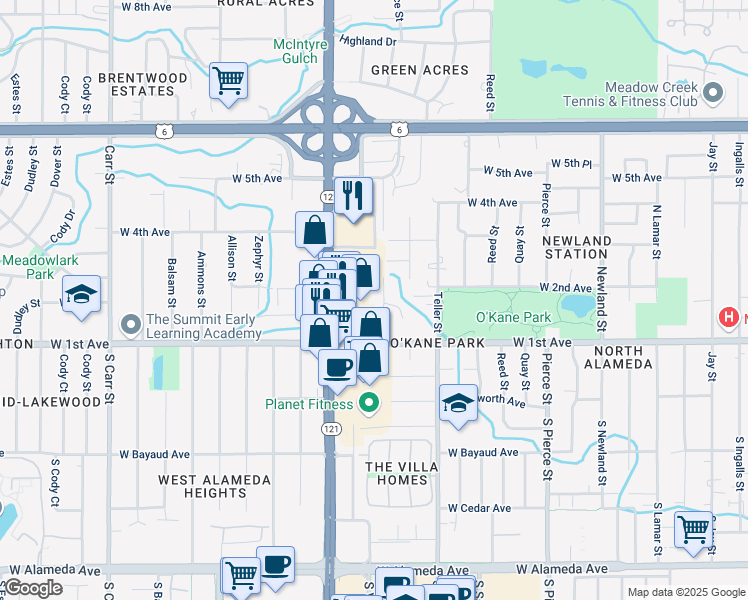 map of restaurants, bars, coffee shops, grocery stores, and more near 223 Vance Street in Lakewood