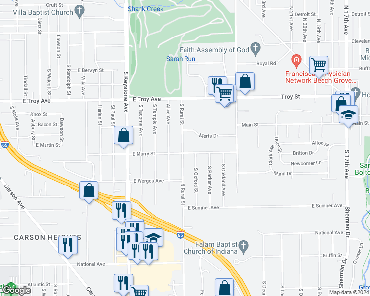 map of restaurants, bars, coffee shops, grocery stores, and more near 3111 South Rural Street in Indianapolis