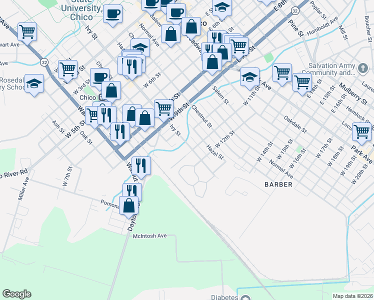 map of restaurants, bars, coffee shops, grocery stores, and more near 1080 Ivy Street in Chico