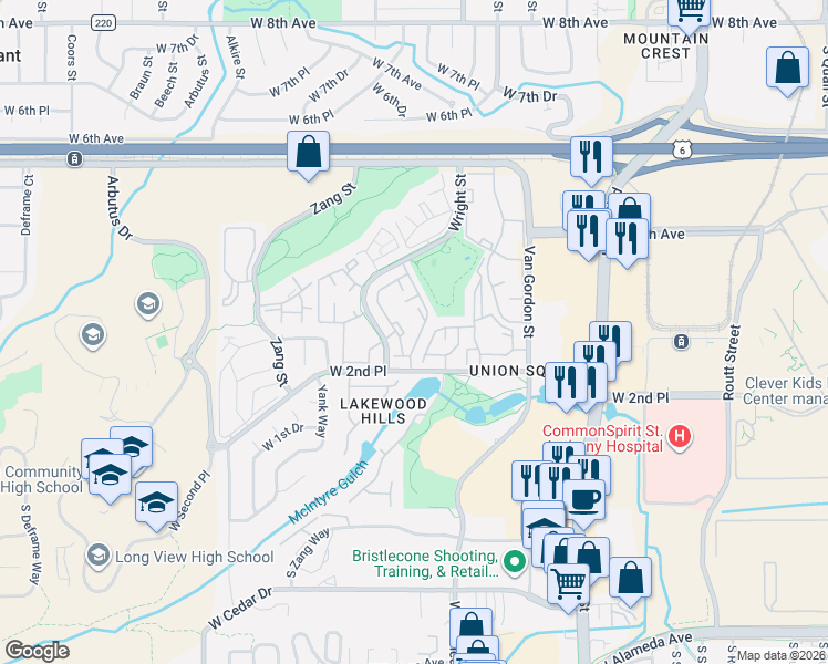 map of restaurants, bars, coffee shops, grocery stores, and more near 220 Wright Street in Lakewood