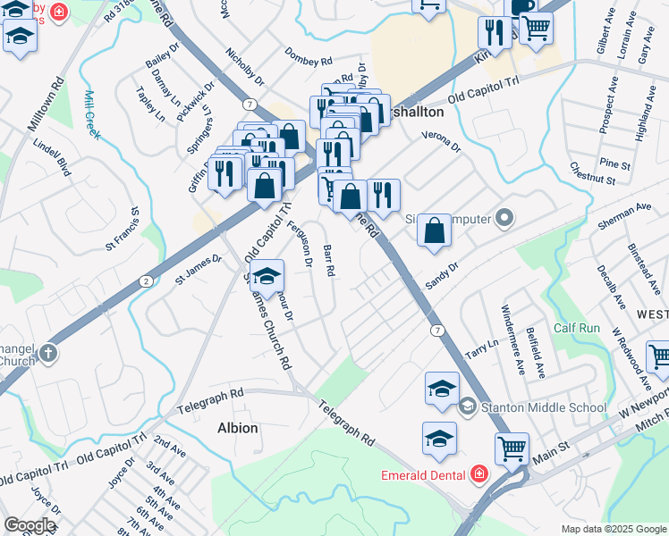 map of restaurants, bars, coffee shops, grocery stores, and more near 2118 Barr Road in Wilmington