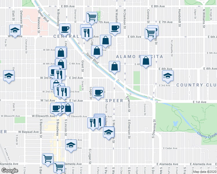 map of restaurants, bars, coffee shops, grocery stores, and more near 239 Pearl Street in Denver