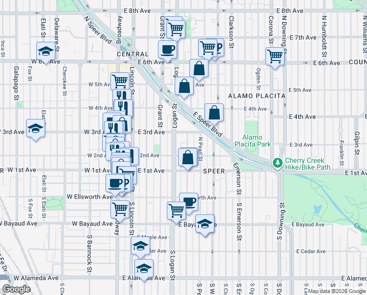 map of restaurants, bars, coffee shops, grocery stores, and more near 229 Pennsylvania Street in Denver