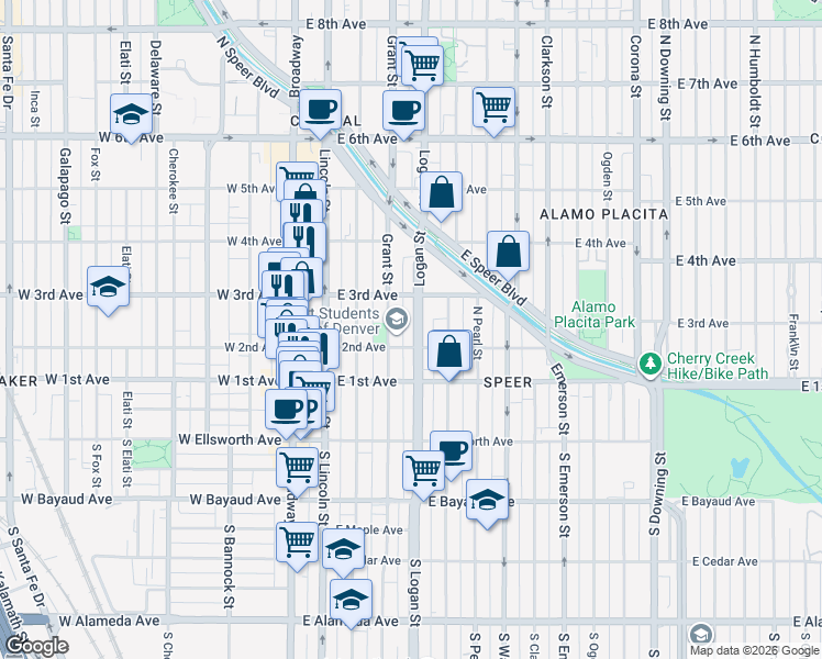 map of restaurants, bars, coffee shops, grocery stores, and more near 200 Grant Street in Denver
