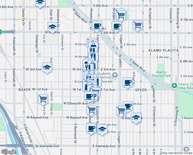 map of restaurants, bars, coffee shops, grocery stores, and more near 231 Lincoln Street in Denver