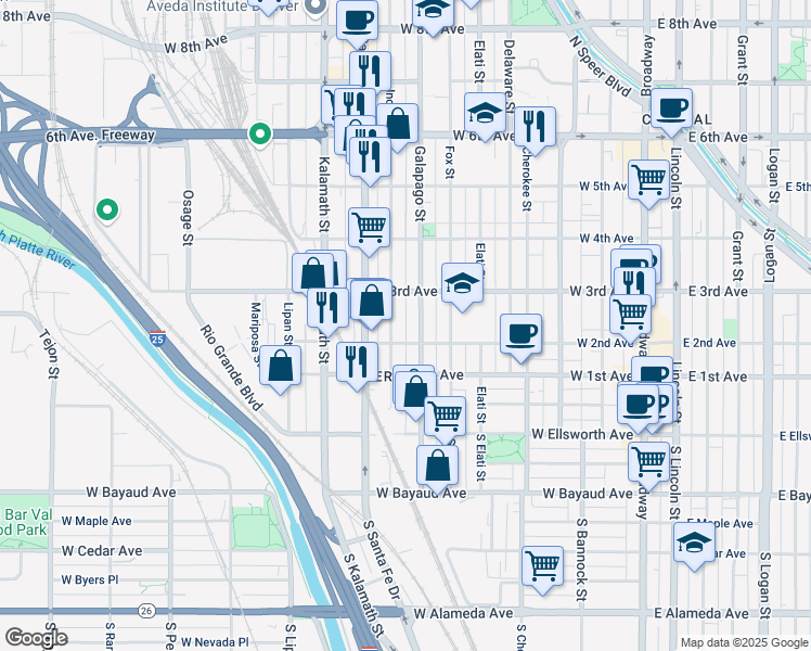 map of restaurants, bars, coffee shops, grocery stores, and more near 228 Inca Street in Denver