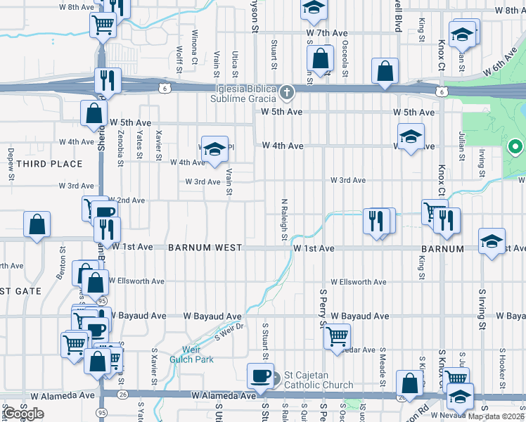 map of restaurants, bars, coffee shops, grocery stores, and more near 205 Stuart Street in Denver